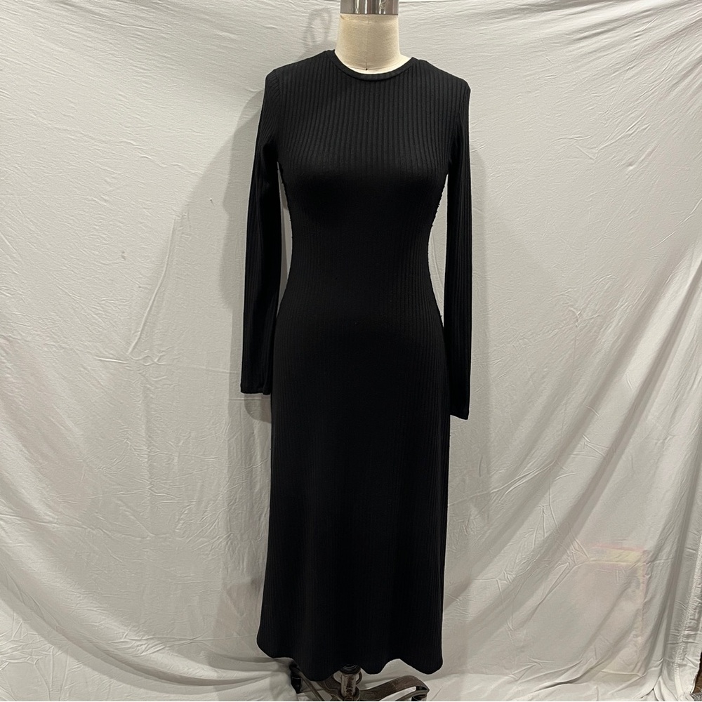 Casual Black Ribbed knit Long Sleeve Dress
